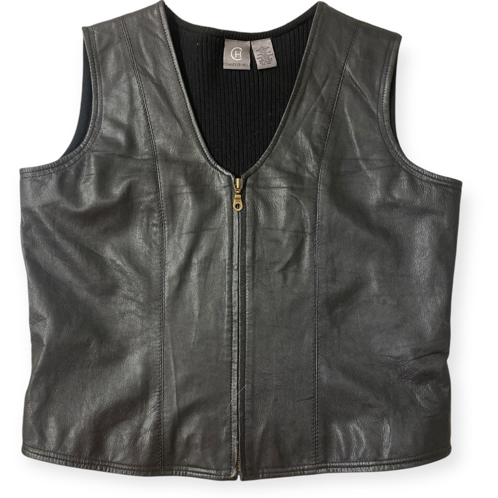 90s Chandler Hill Genuine Leather Vest Black L – Vintage Biker Grunge Streetwear - Picture 2 of 10